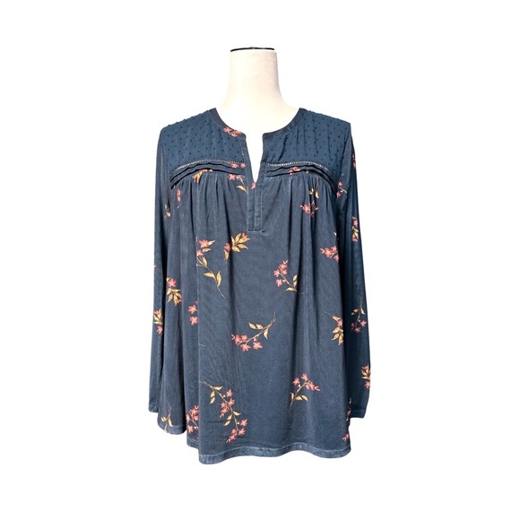 Daniel Rainn Tops - Daniel Rainn Floral Swiss Dot Split Neck Blouse Teal Blue 1X